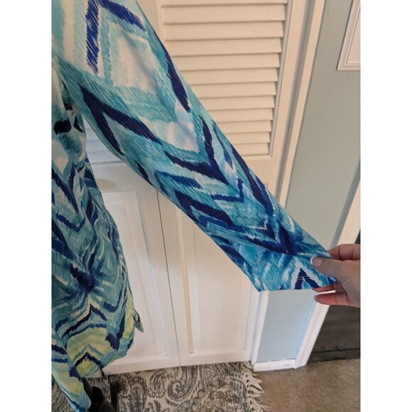 Chicos Top Womens sz L/2 Blue Aqua Zigzag Stripe Blouse 3/4 Sleeve Stretch Beach - Picture 4 of 10